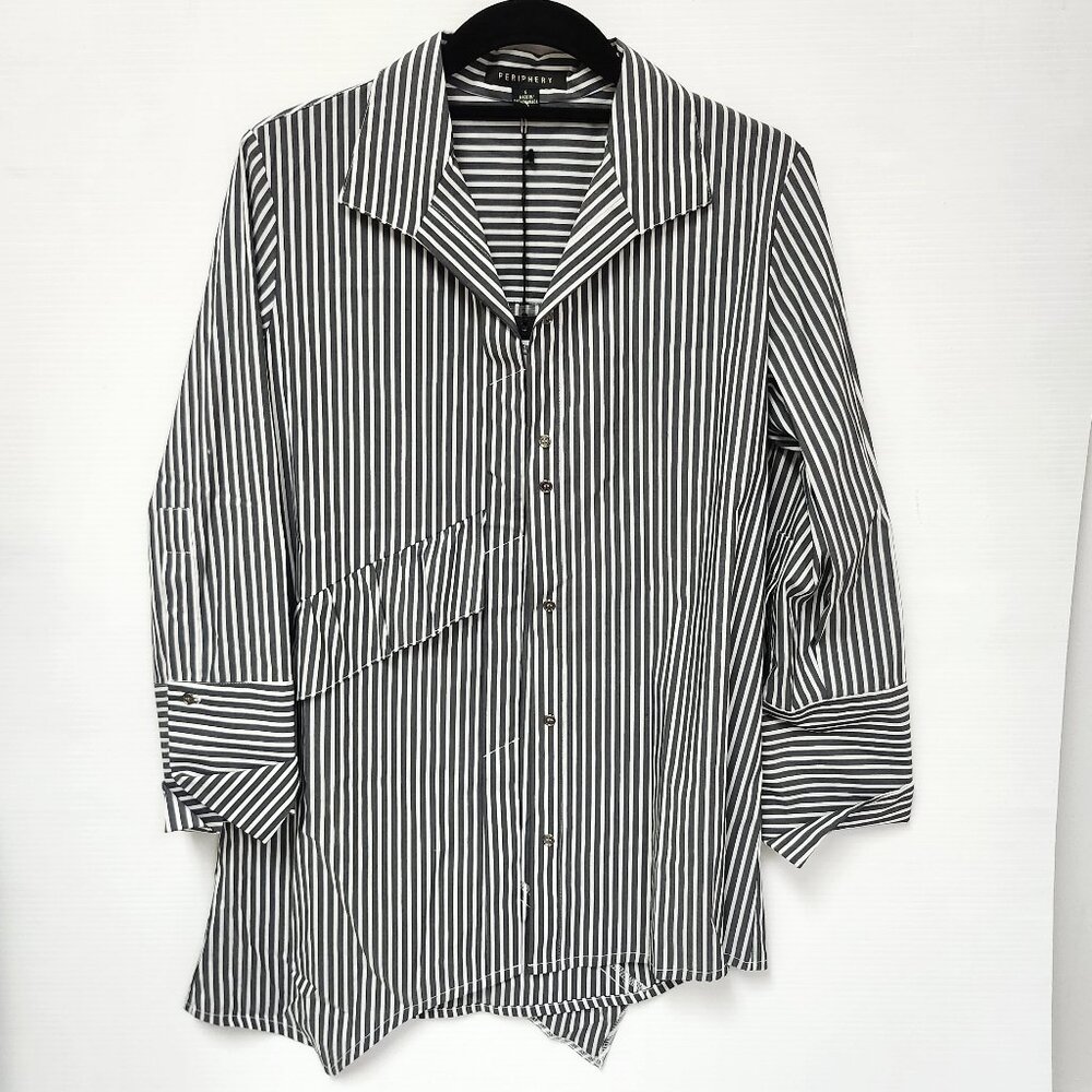 Periphery Women's Grey & White Striped Long Sleeved Blouse W/Ruffle Size 6